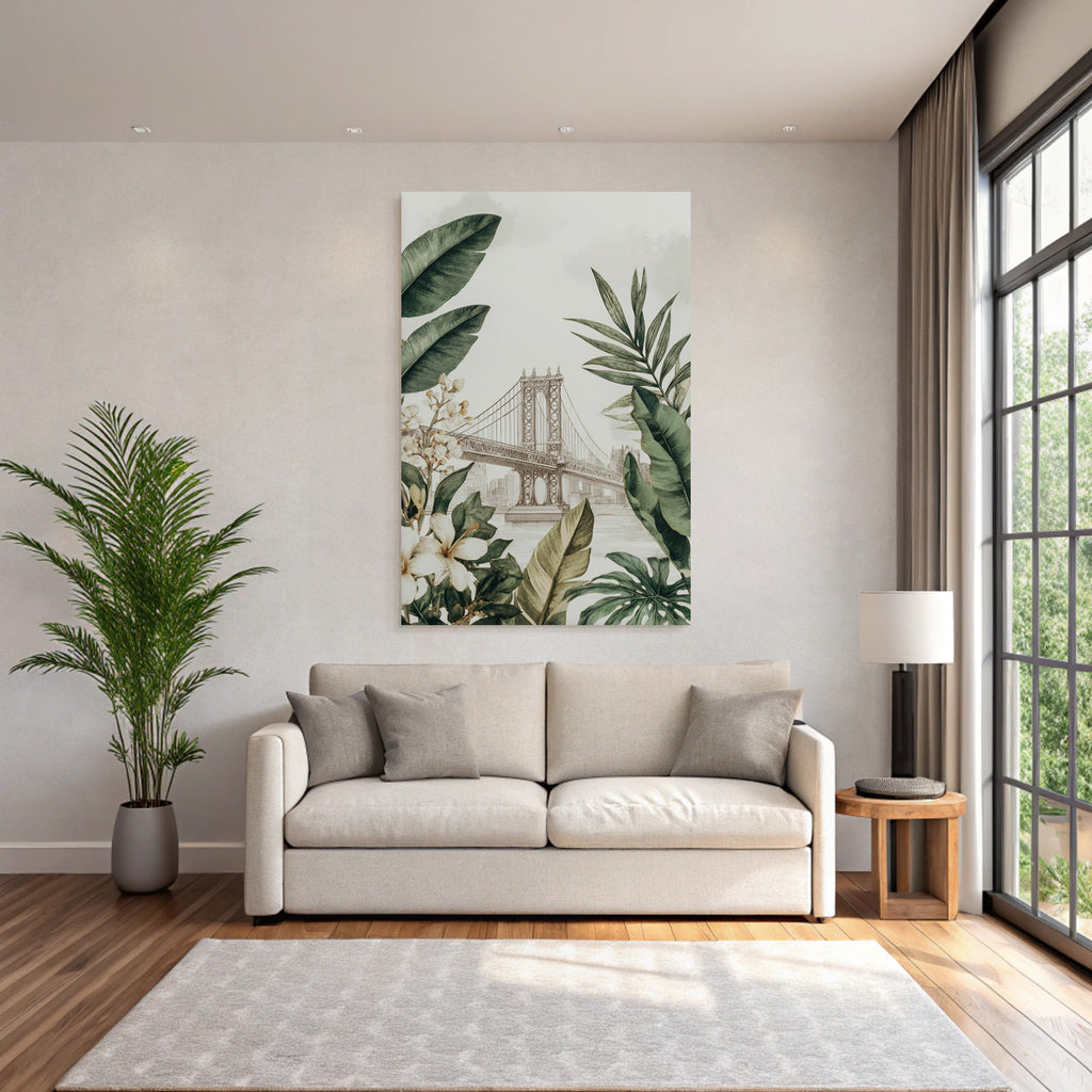 Tropics and jungle bridge and botanical illustrations in cityscape