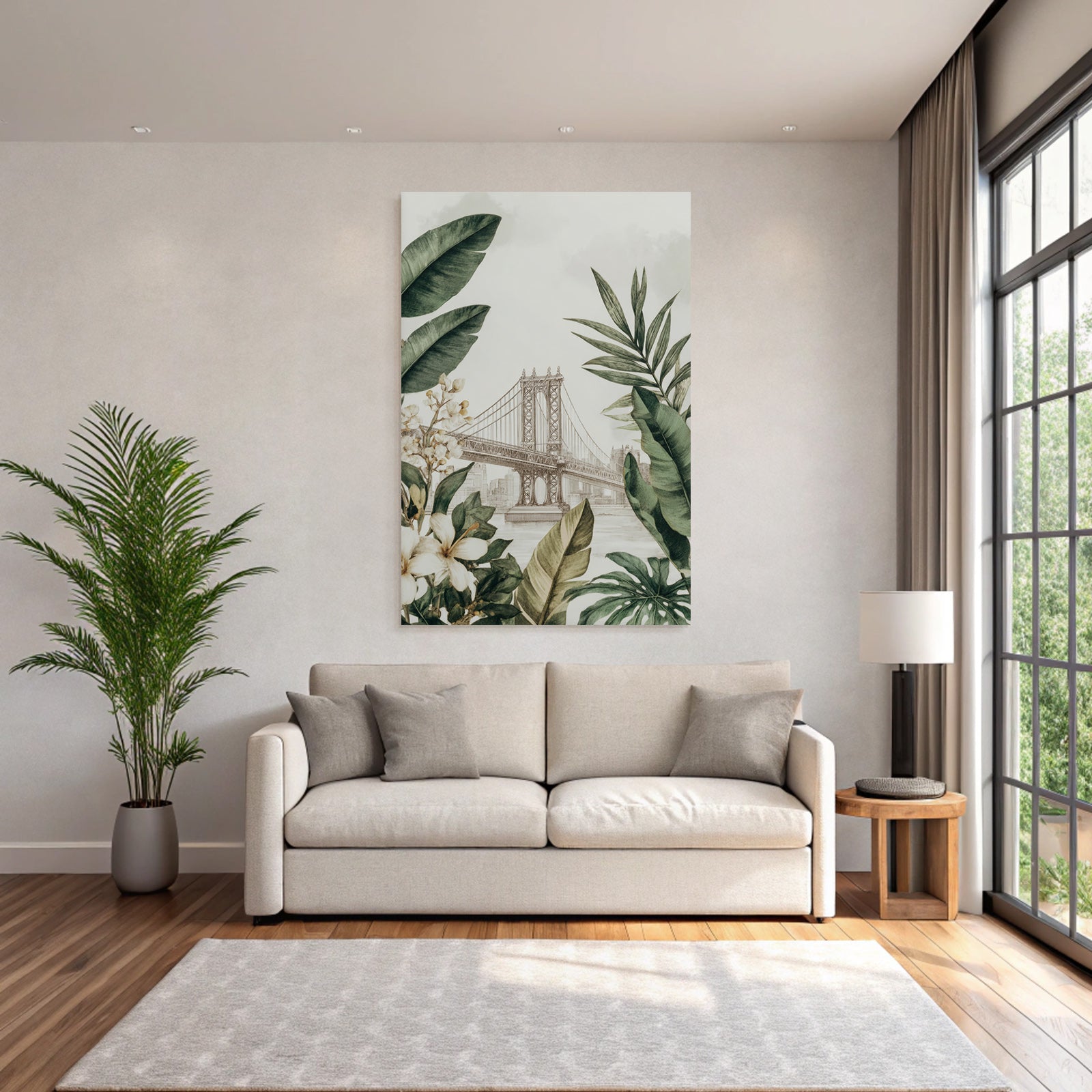 Tropics and jungle bridge and botanical illustrations in cityscape