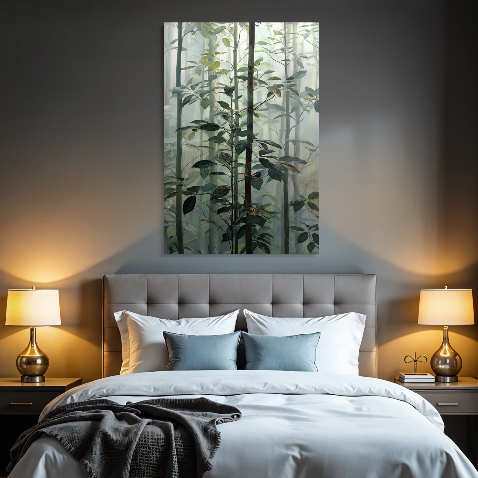Tropics and jungle. Dense foggy forest scene with green plants and dreamy background.