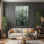 Tropics and jungle. Dense foggy forest scene with green plants and dreamy background.