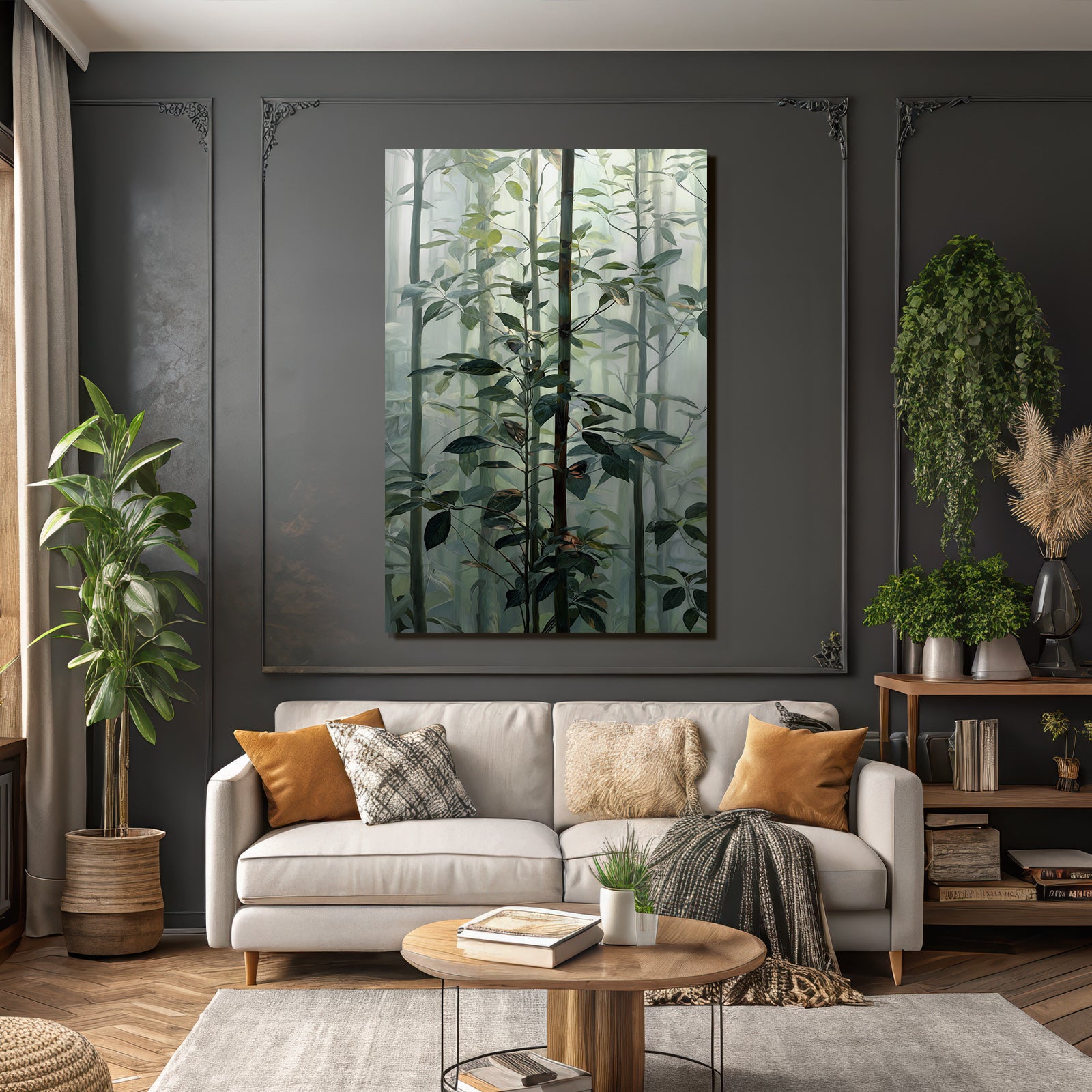 Tropics and jungle. Dense foggy forest scene with green plants and dreamy background.