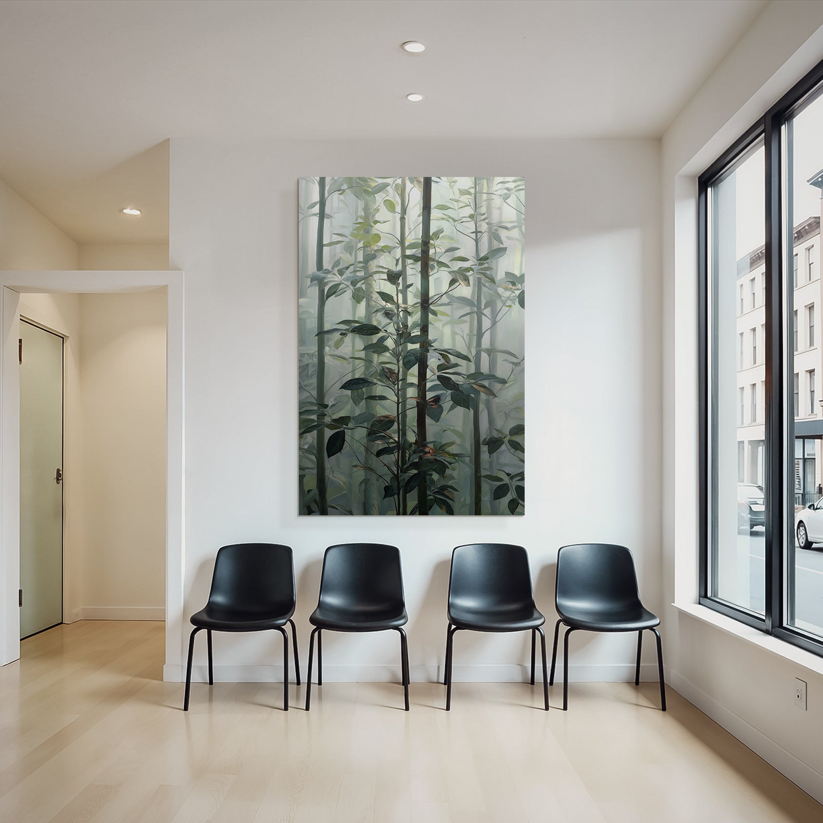 Tropics and jungle. Dense foggy forest scene with green plants and dreamy background.