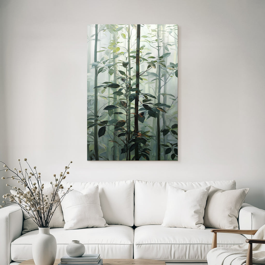 Tropics and jungle. Dense foggy forest scene with green plants and dreamy background.