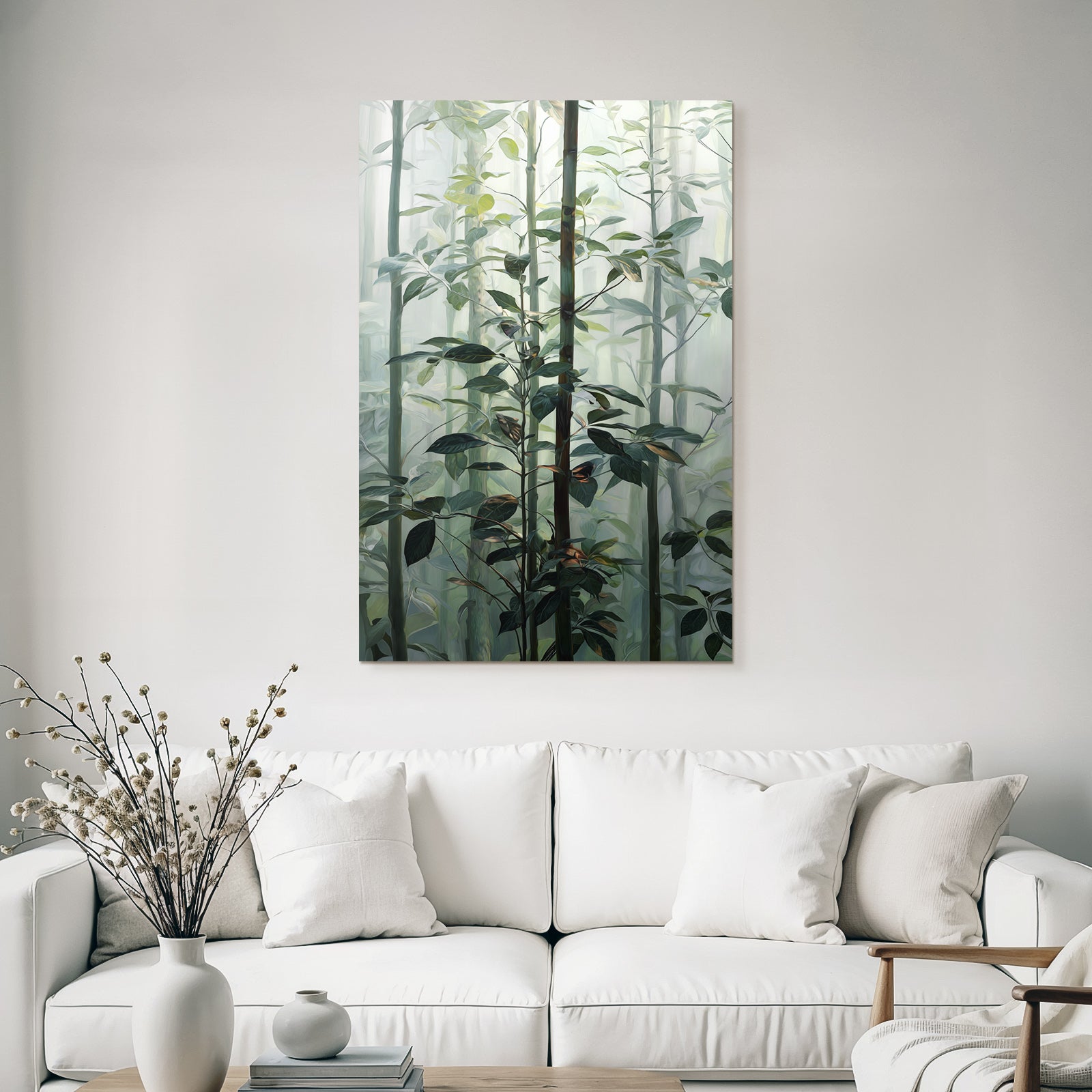 Tropics and jungle. Dense foggy forest scene with green plants and dreamy background.