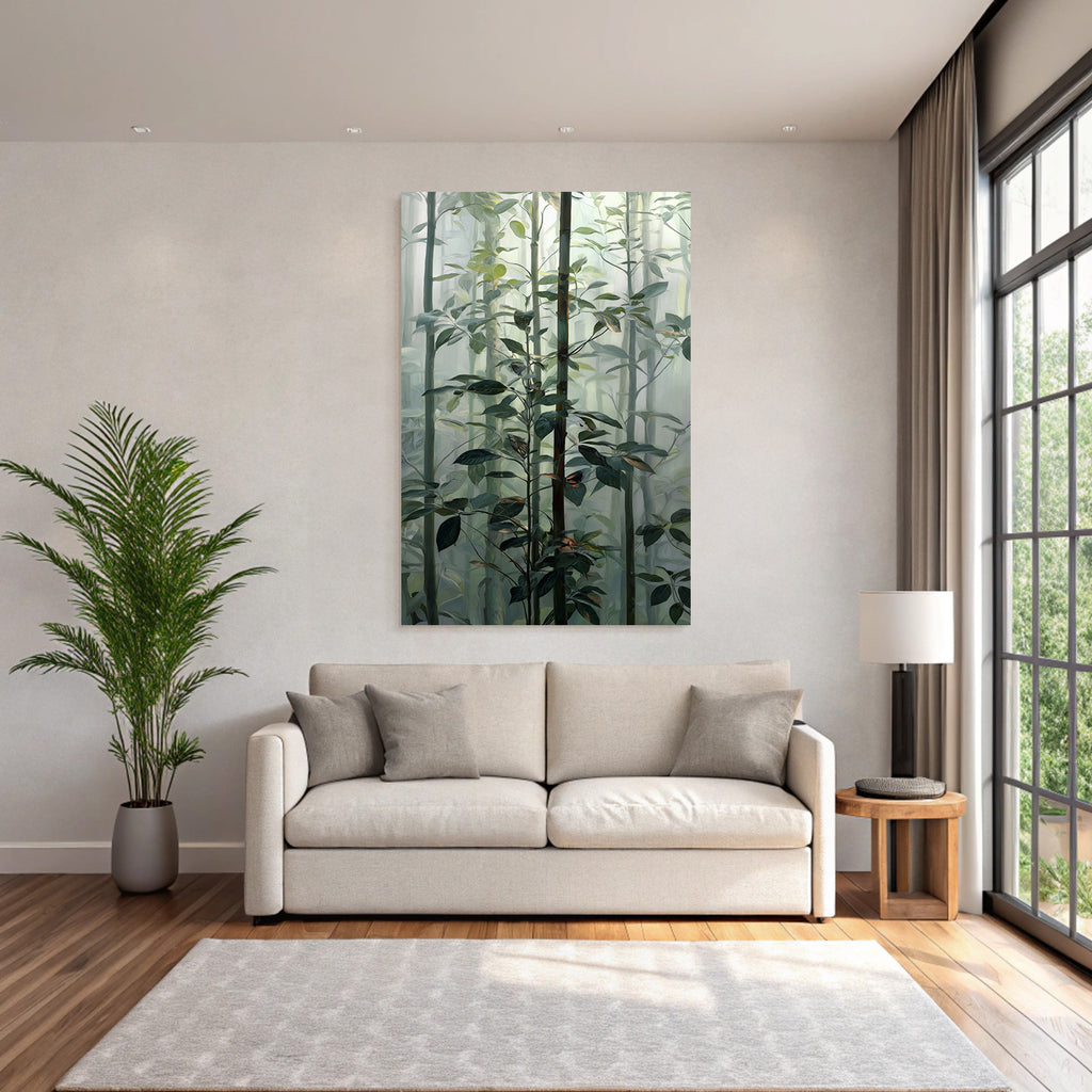Tropics and jungle. Dense foggy forest scene with green plants and dreamy background.