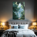 Tropics and jungle dense rainforest scene with path under sunshine mist