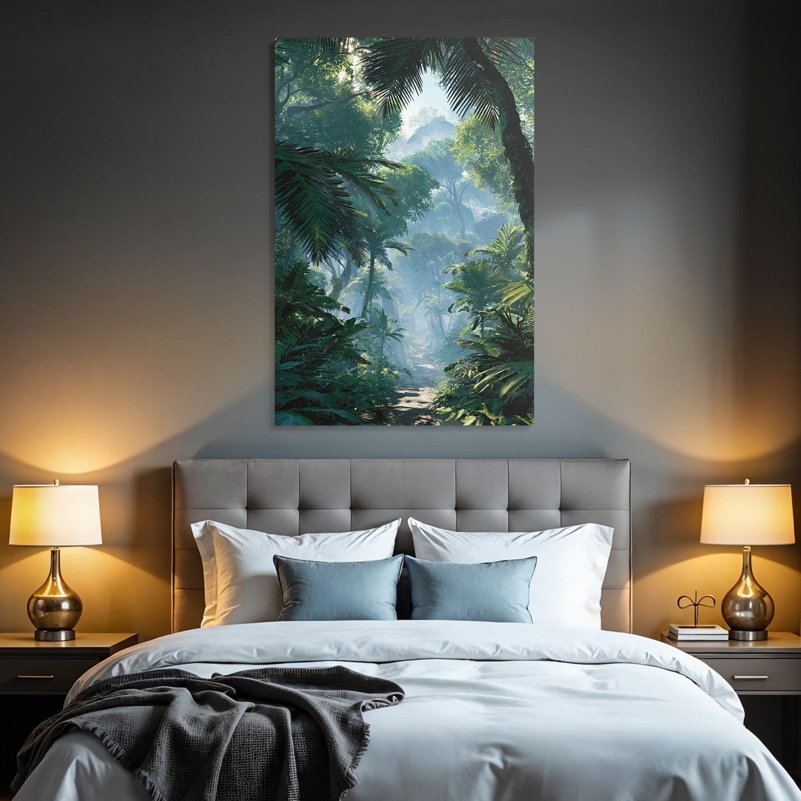 Tropics and jungle dense rainforest scene with path under sunshine mist