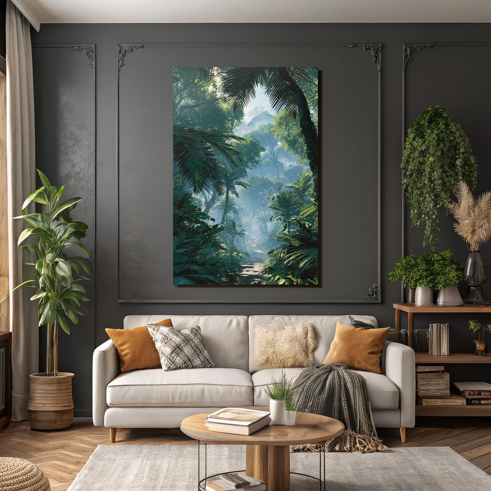 Tropics and jungle dense rainforest scene with path under sunshine mist