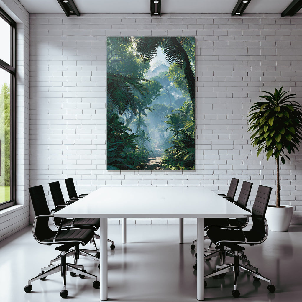 Tropics and jungle dense rainforest scene with path under sunshine mist