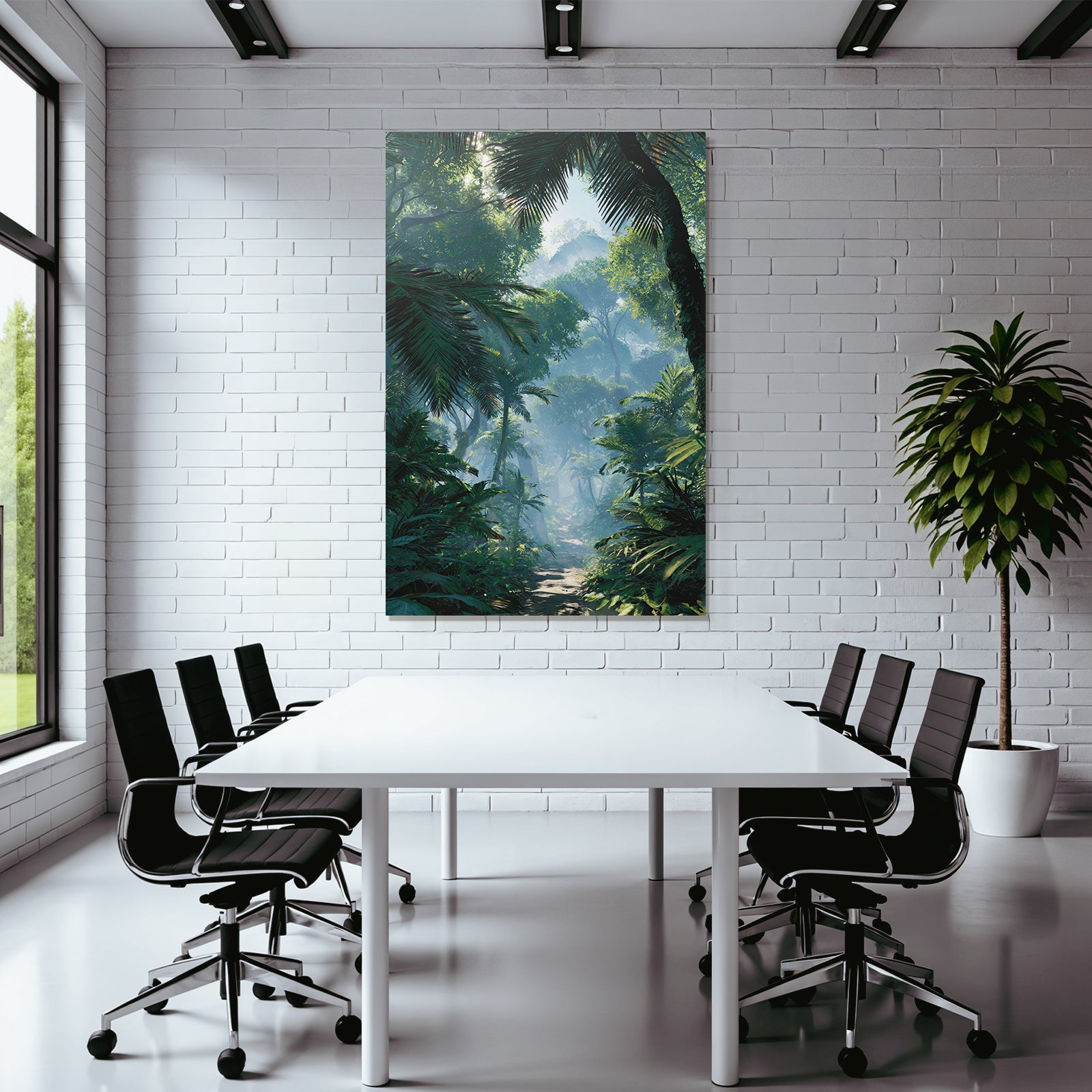 Tropics and jungle dense rainforest scene with path under sunshine mist