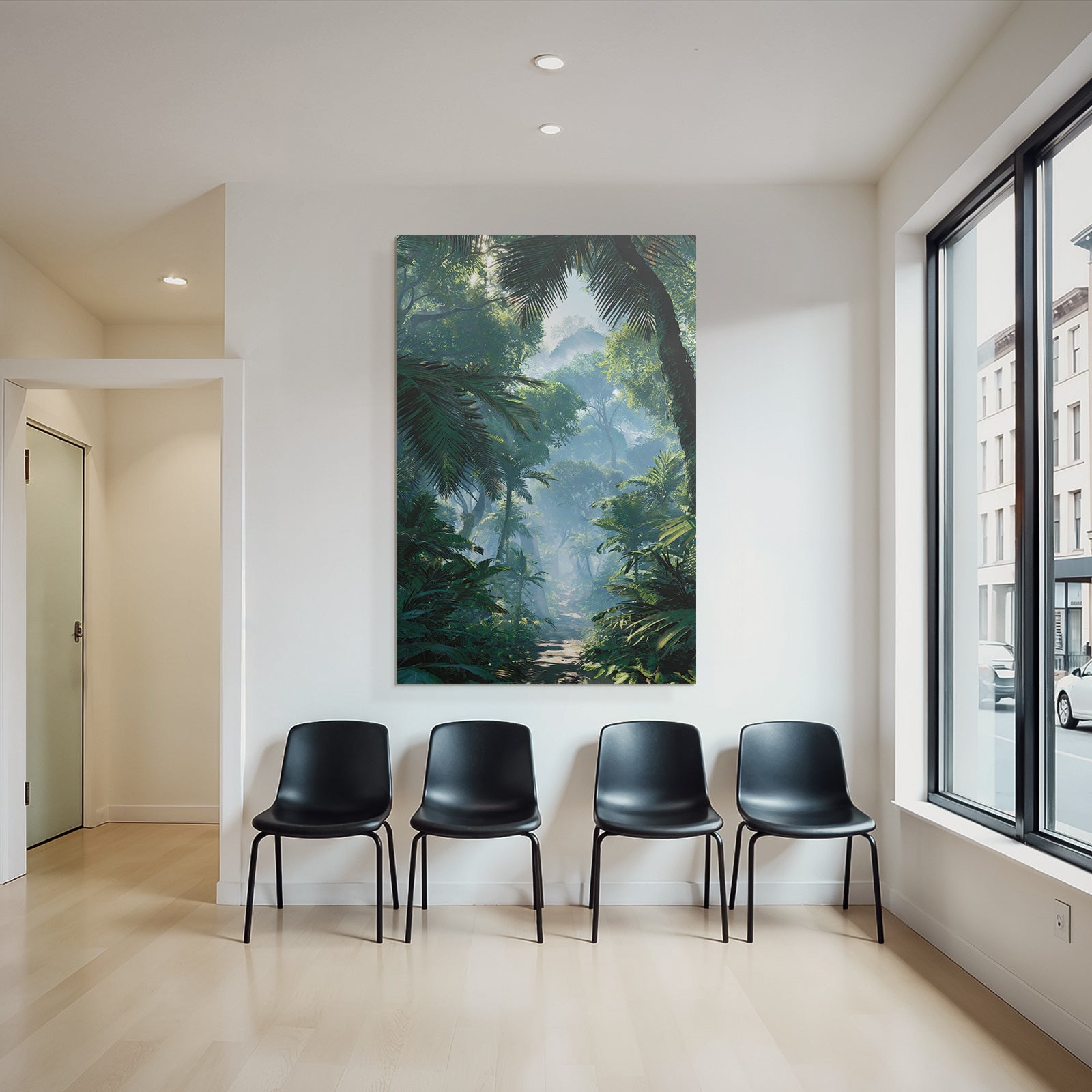 Tropics and jungle dense rainforest scene with path under sunshine mist
