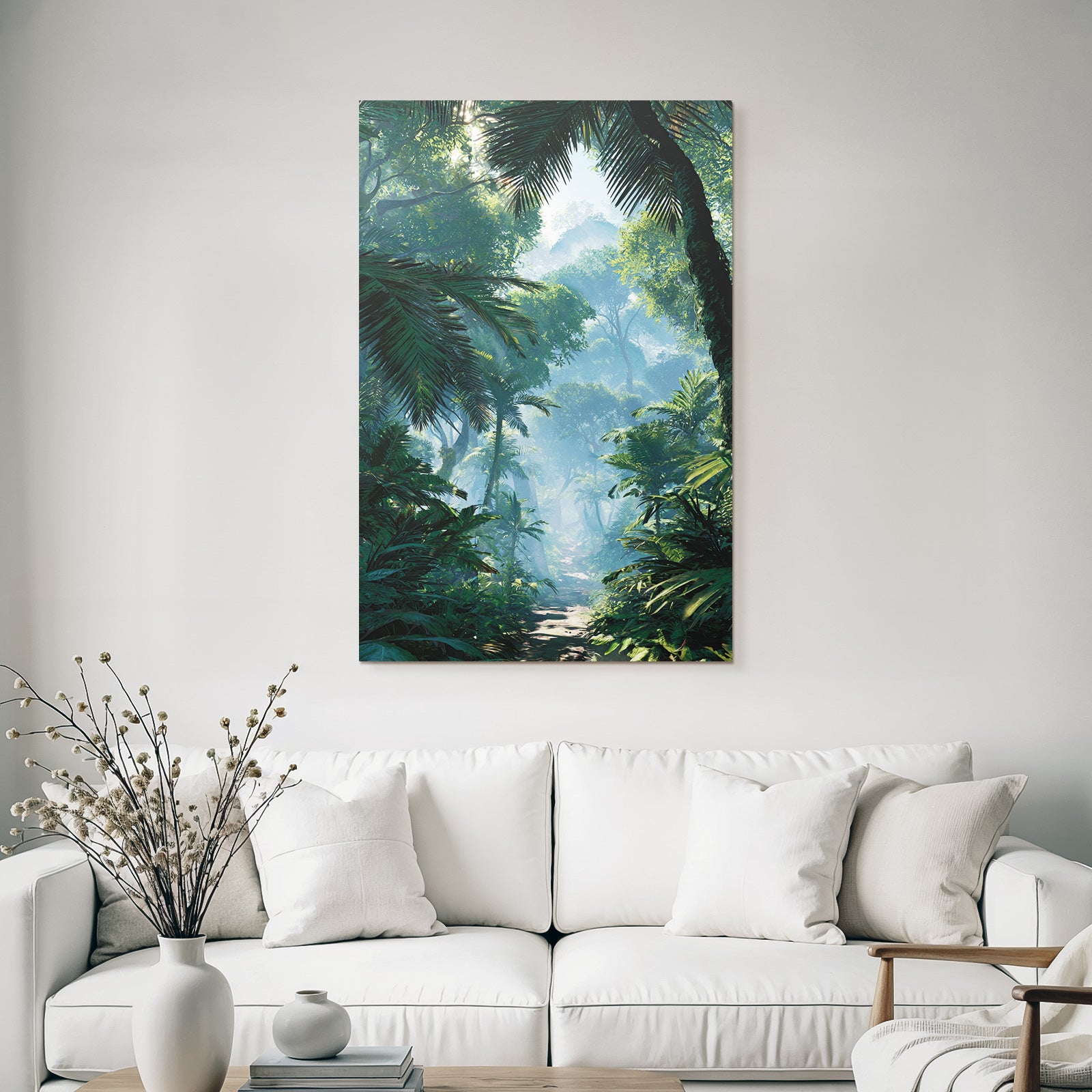 Tropics and jungle dense rainforest scene with path under sunshine mist