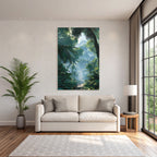 Tropics and jungle dense rainforest scene with path under sunshine mist