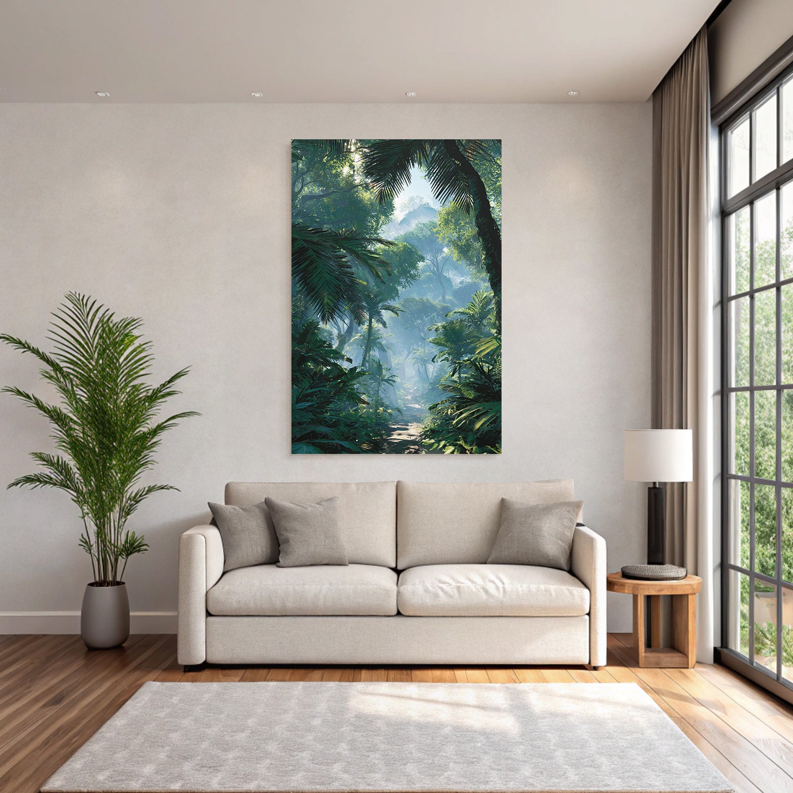 Tropics and jungle dense rainforest scene with path under sunshine mist