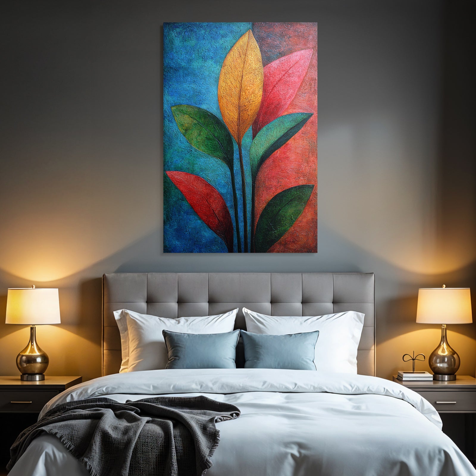 Tropics and Jungle Colorful Abstract Art with Stylized Leaves
