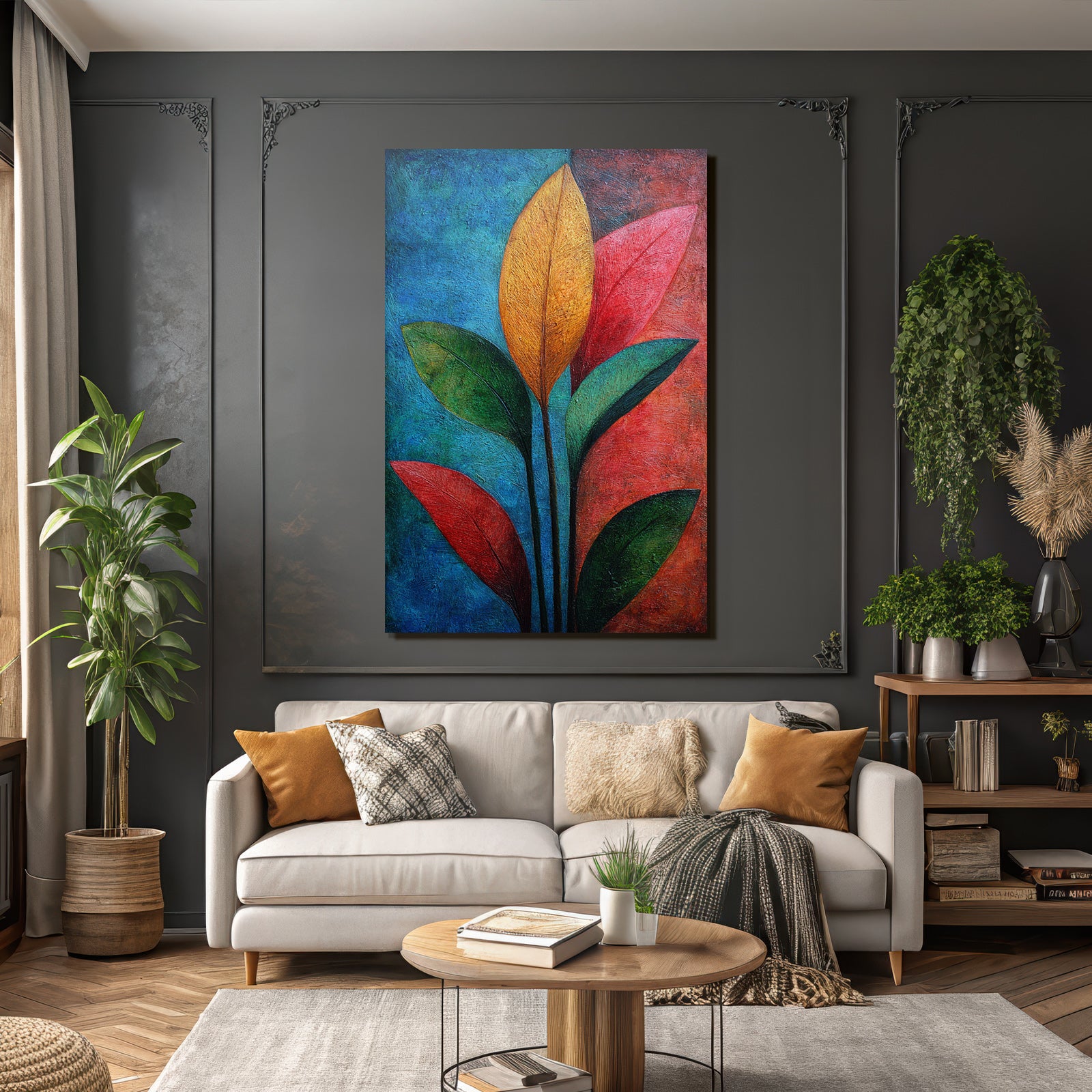 Tropics and Jungle Colorful Abstract Art with Stylized Leaves