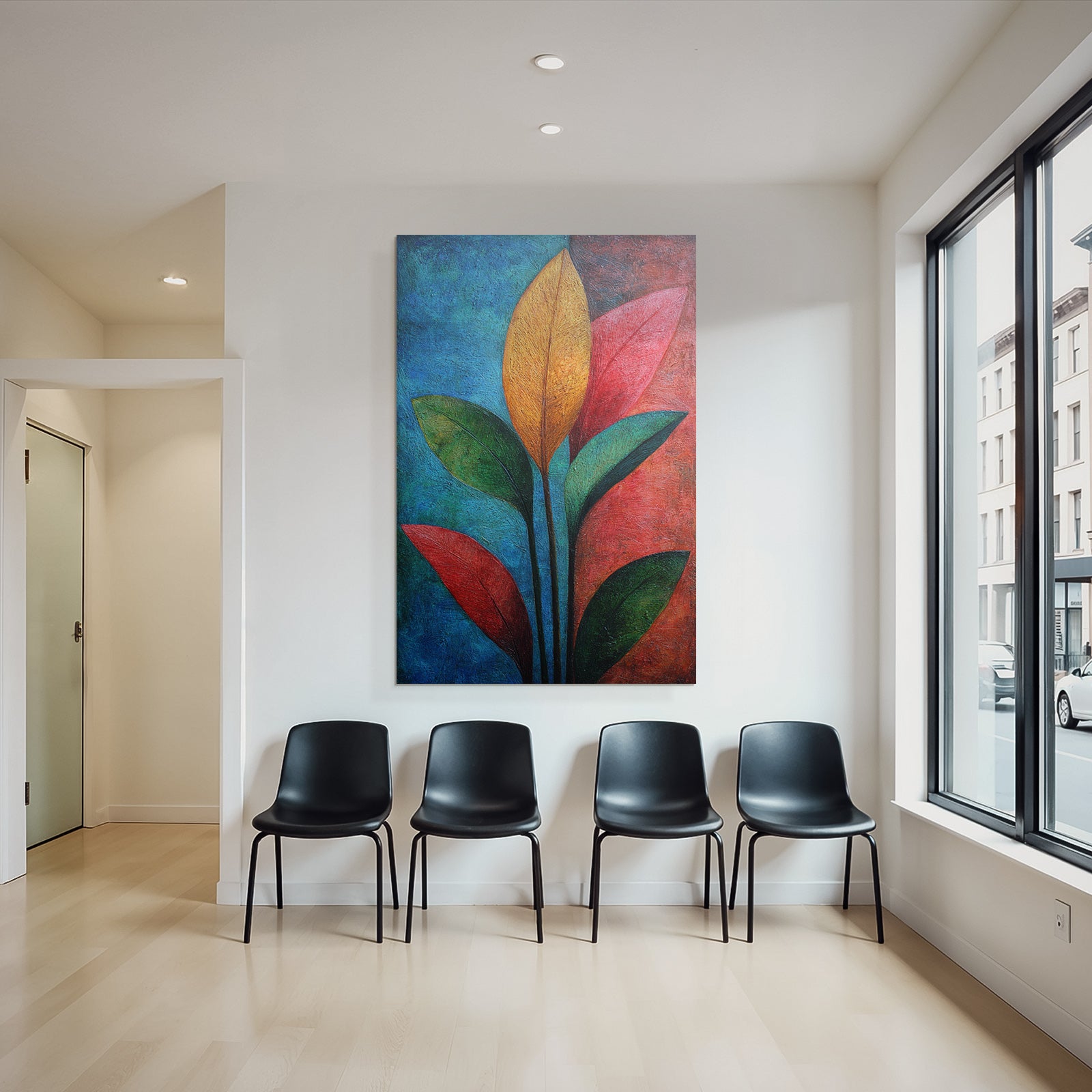 Tropics and Jungle Colorful Abstract Art with Stylized Leaves