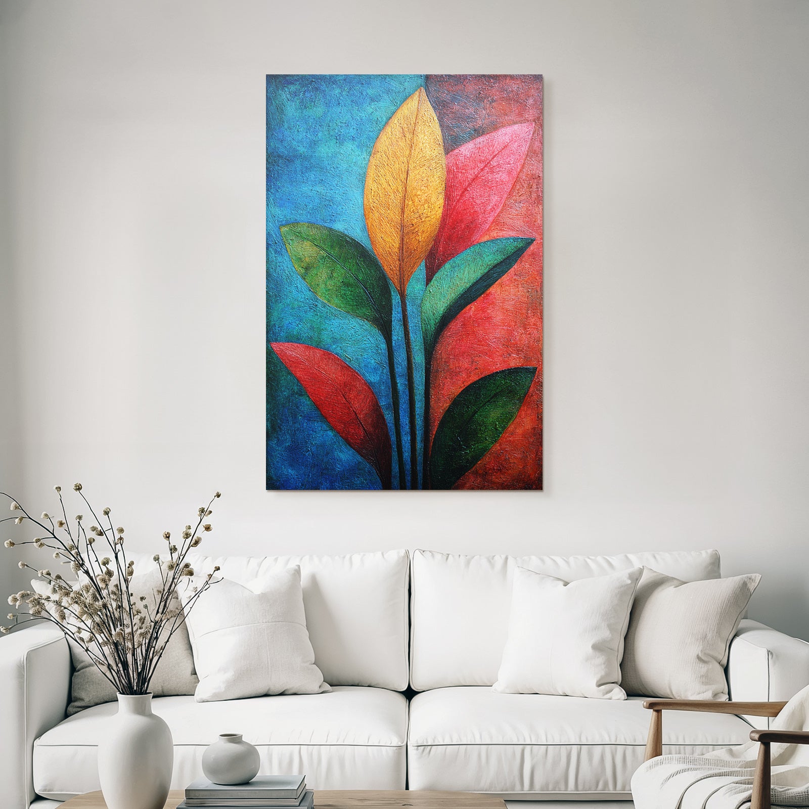 Tropics and Jungle Colorful Abstract Art with Stylized Leaves