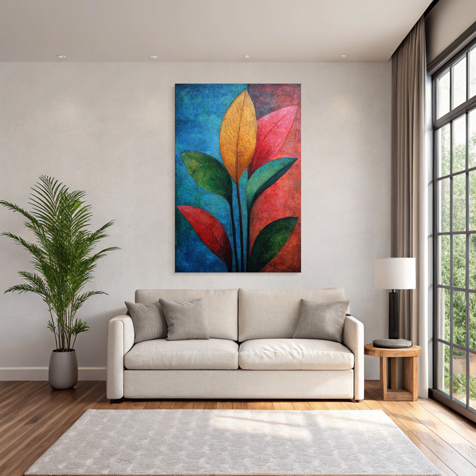 Tropics and Jungle Colorful Abstract Art with Stylized Leaves