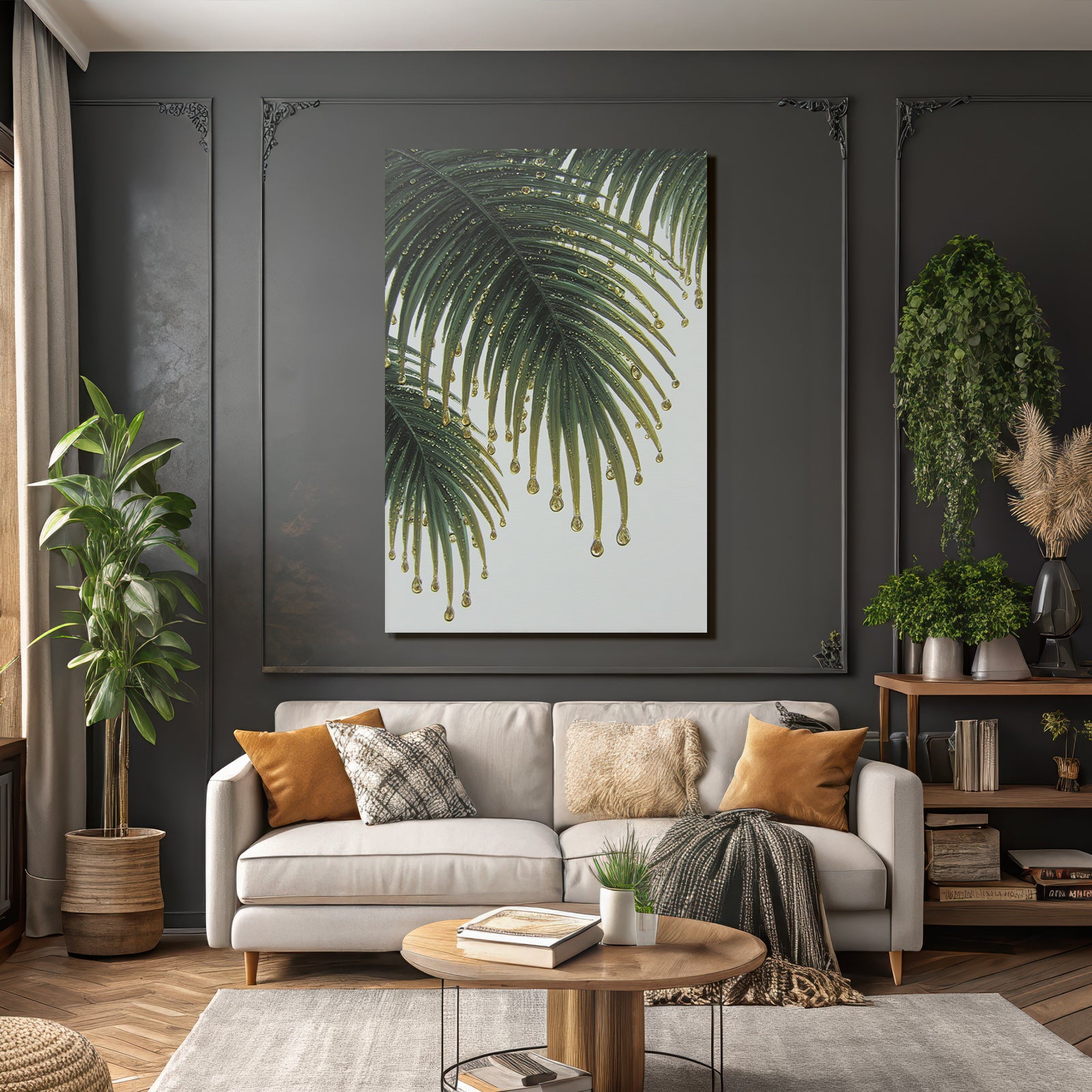 Tropics and jungle fresh palm leaves with water drops