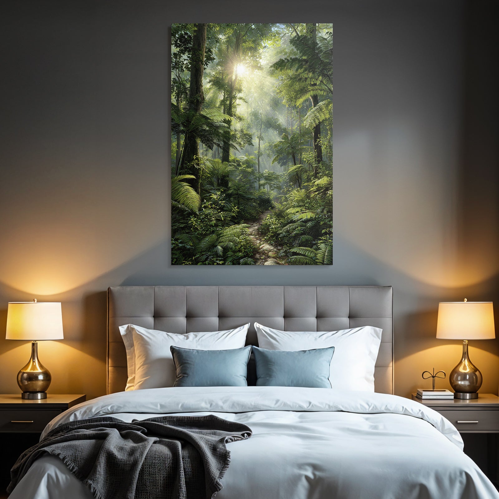 Tropical and jungle covered forest with sunshine and hiking trail