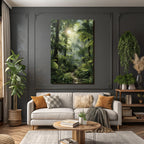 Tropical and jungle covered forest with sunshine and hiking trail