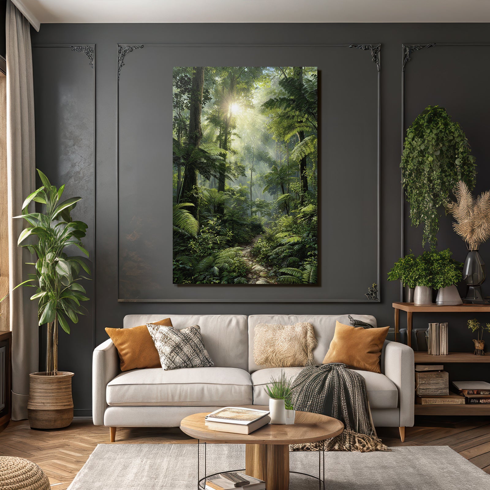 Tropical and jungle covered forest with sunshine and hiking trail