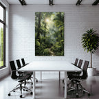 Tropical and jungle covered forest with sunshine and hiking trail