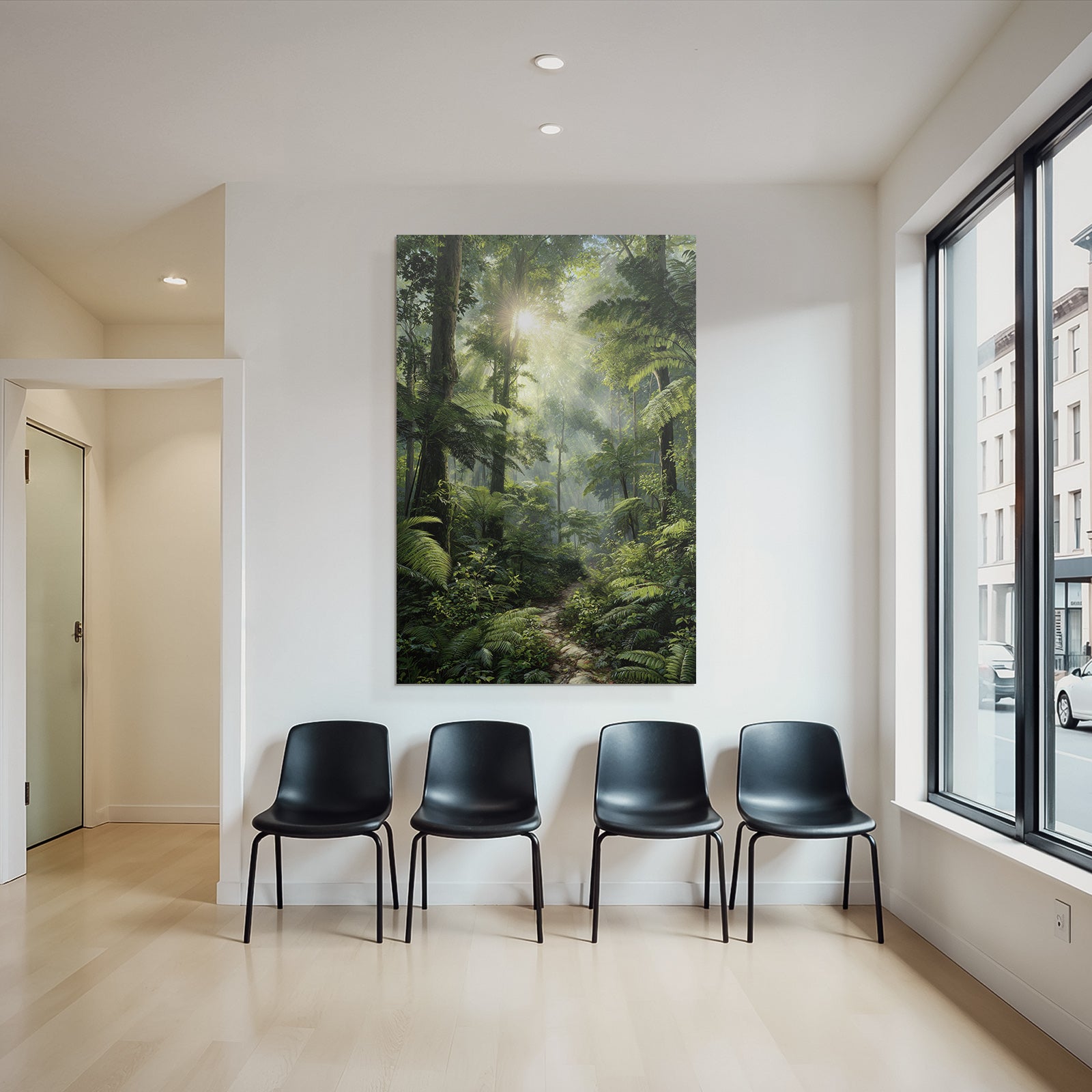 Tropical and jungle covered forest with sunshine and hiking trail