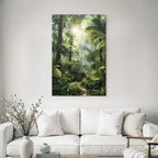 Tropical and jungle covered forest with sunshine and hiking trail