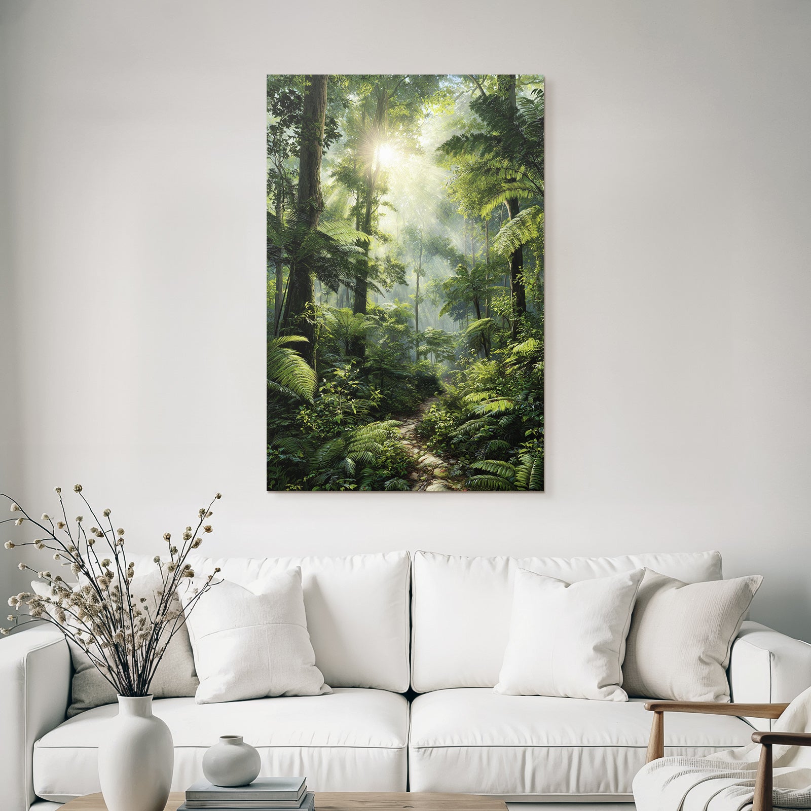 Tropical and jungle covered forest with sunshine and hiking trail
