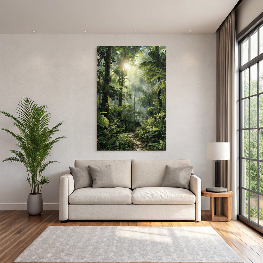 Tropical and jungle covered forest with sunshine and hiking trail