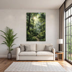 Tropical and jungle covered forest with sunshine and hiking trail