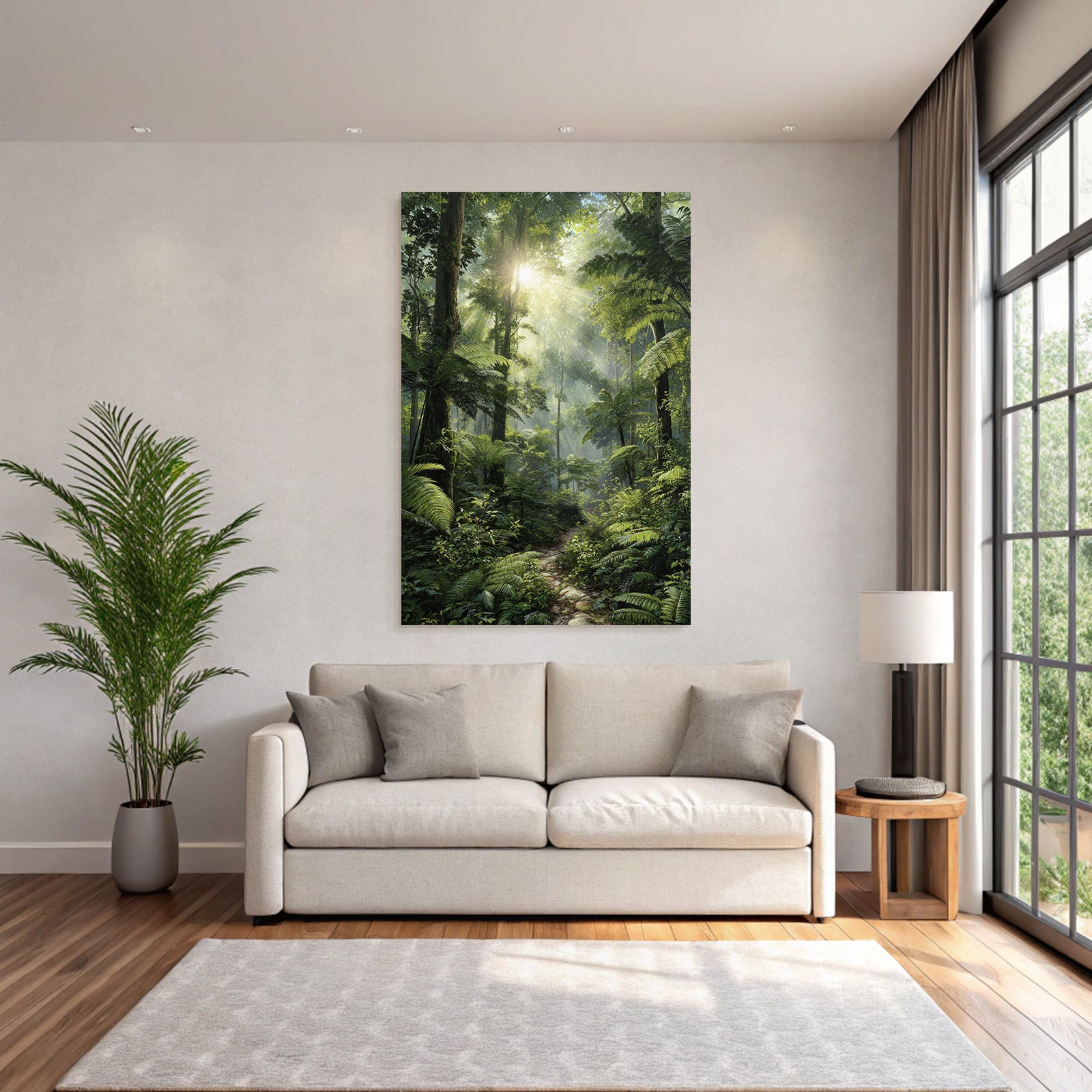 Tropical and jungle covered forest with sunshine and hiking trail