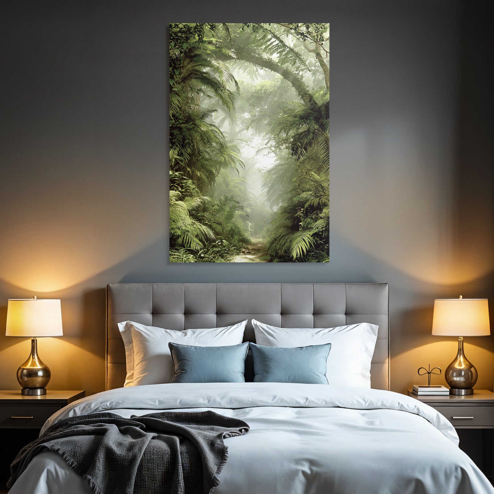 Tropics and jungle green rainforest scenes with path and fog