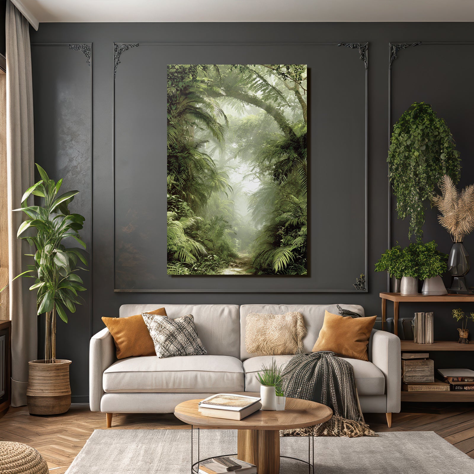 Tropics and jungle green rainforest scenes with path and fog