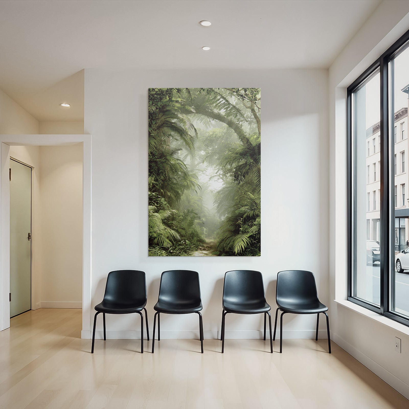 Tropics and jungle green rainforest scenes with path and fog