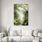 Tropics and jungle green rainforest scenes with path and fog