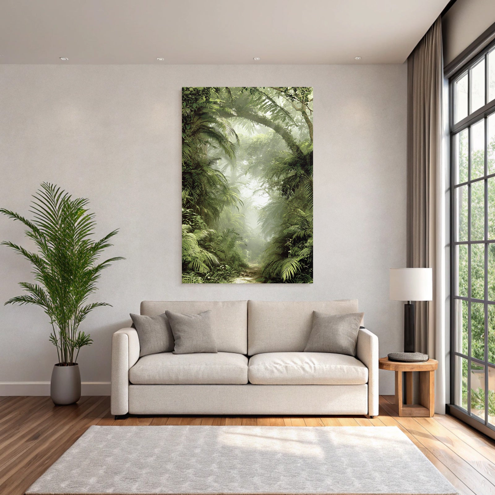 Tropics and jungle green rainforest scenes with path and fog