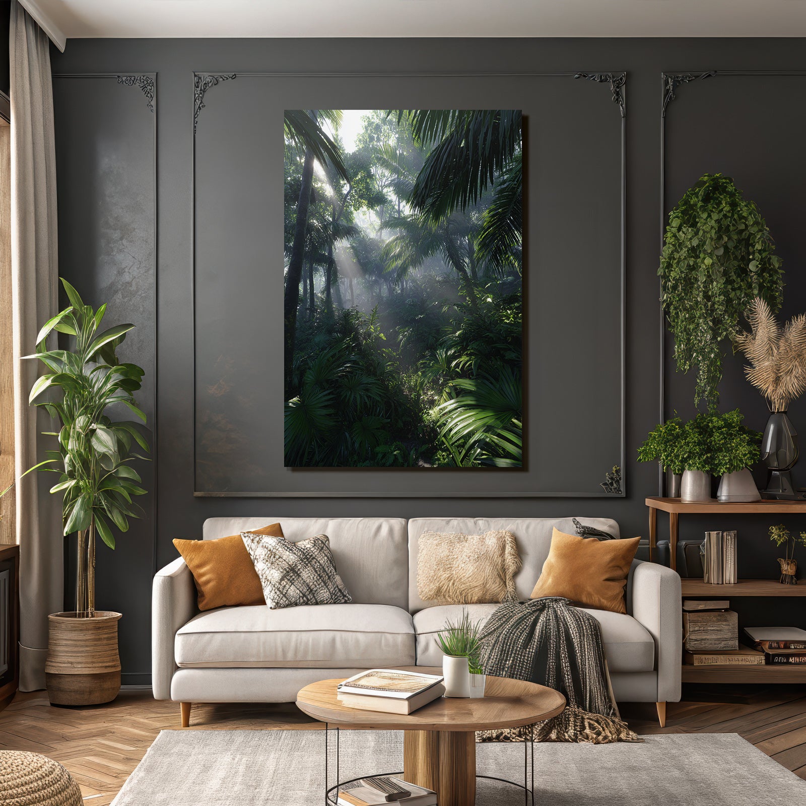 Tropics and Jungle Green rainforest with sunbeams and dense vegetation