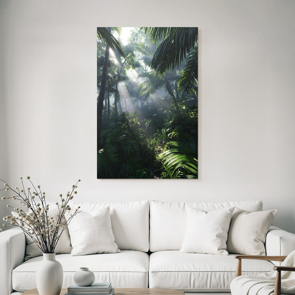 Tropics and Jungle Green rainforest with sunbeams and dense vegetation