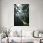 Tropics and Jungle Green rainforest with sunbeams and dense vegetation