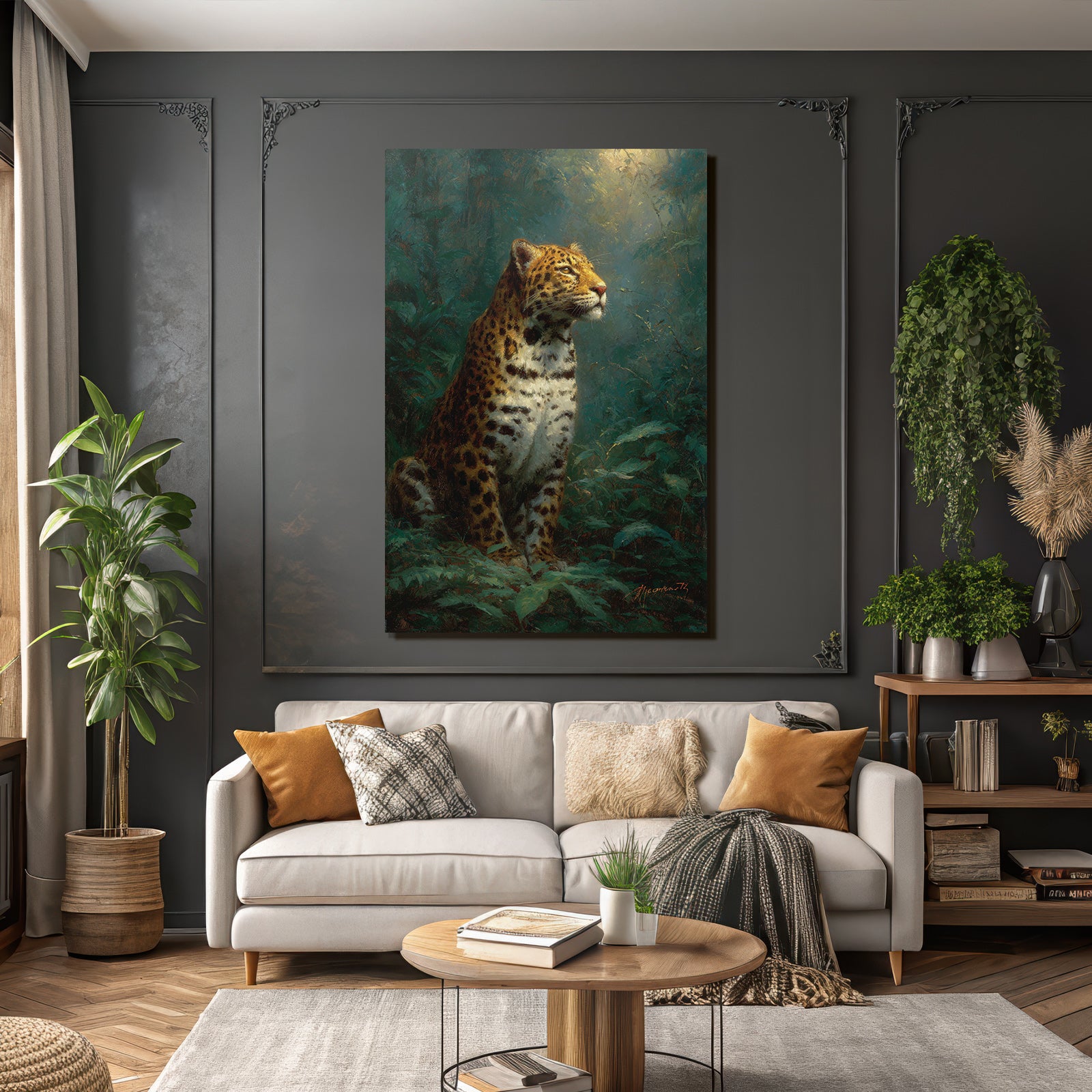 Tropics and jungle leopard in a green environment with dimensional background