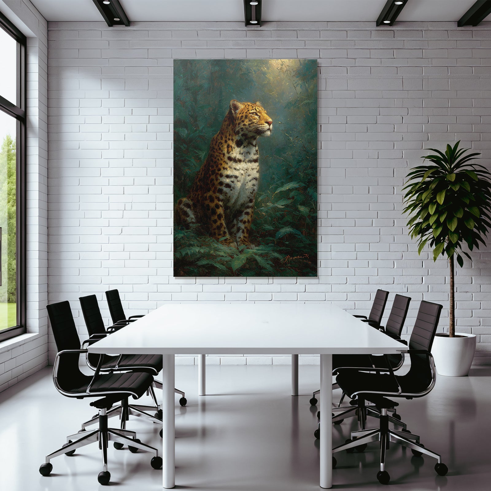 Tropics and jungle leopard in a green environment with dimensional background