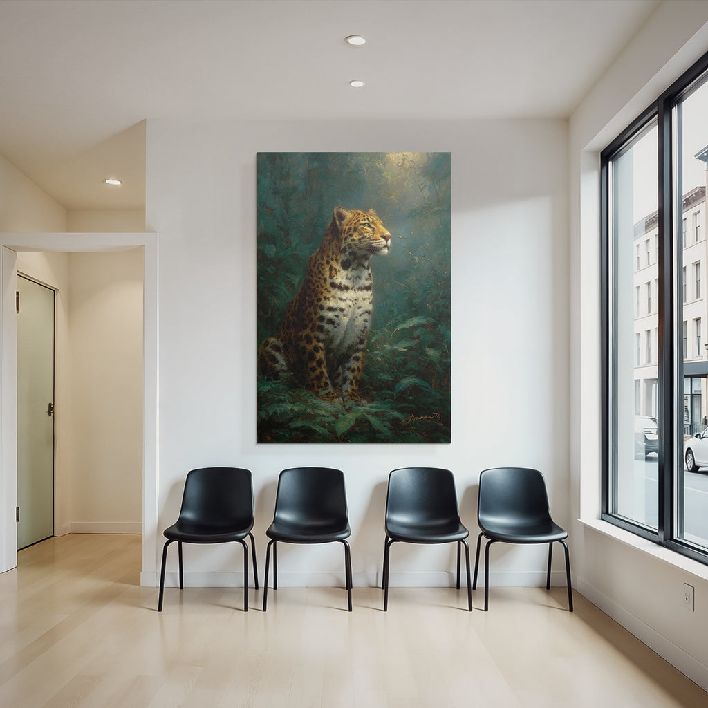 Tropics and jungle leopard in a green environment with dimensional background