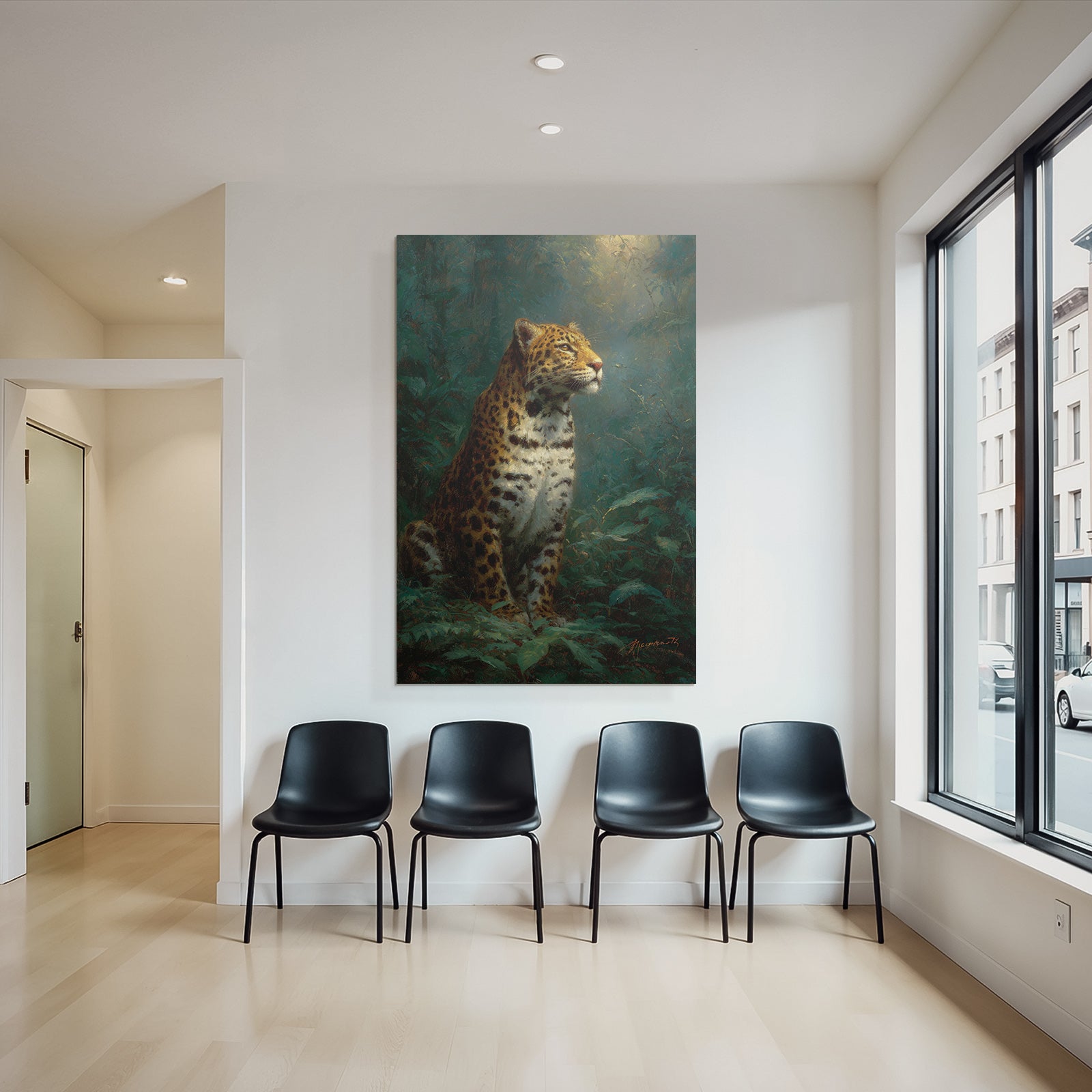 Tropics and jungle leopard in a green environment with dimensional background