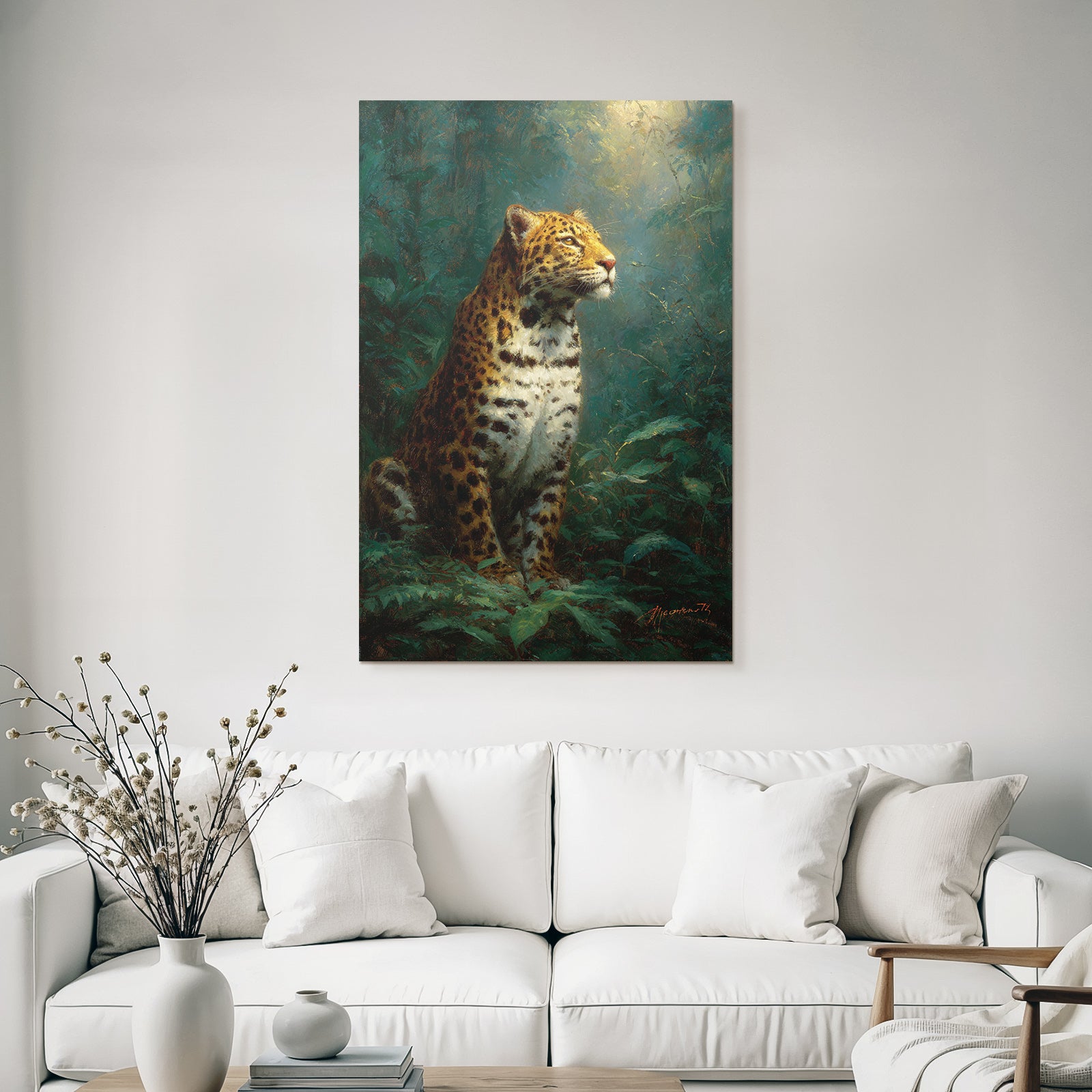 Tropics and jungle leopard in a green environment with dimensional background