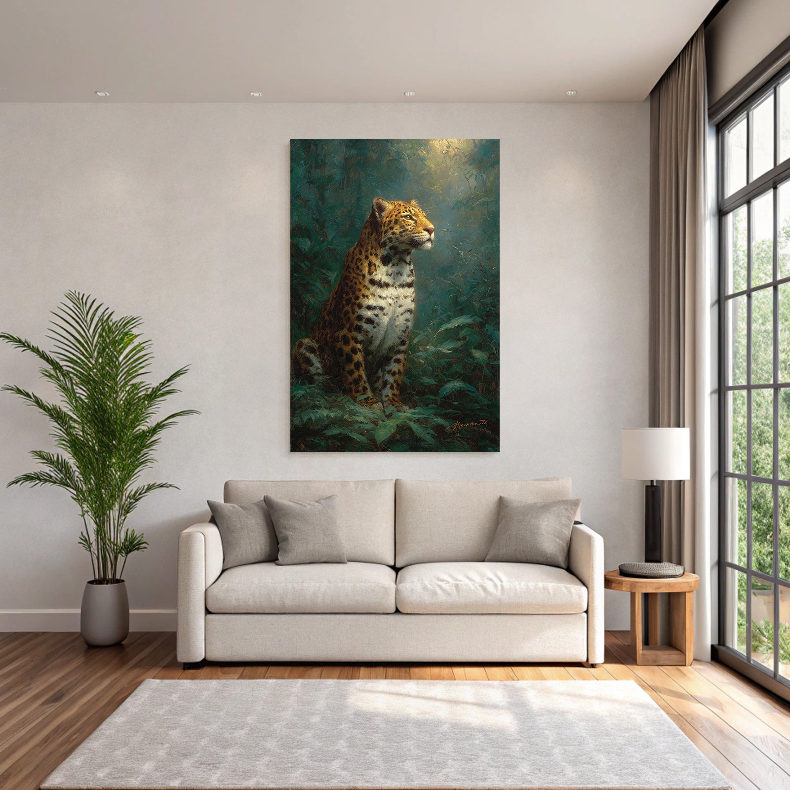 Tropics and jungle leopard in a green environment with dimensional background