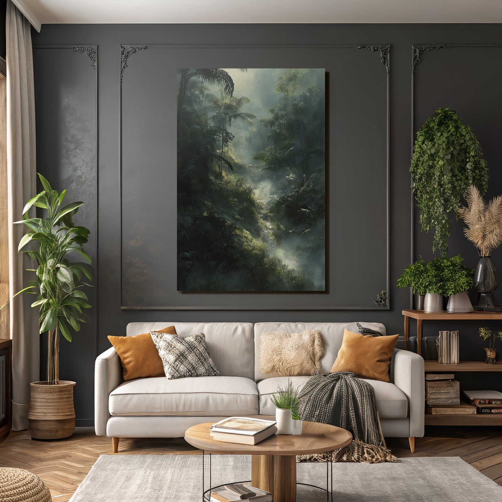 Tropics and Jungle Lush Misty Jungle Scene with Dense Foliage and Soft Light