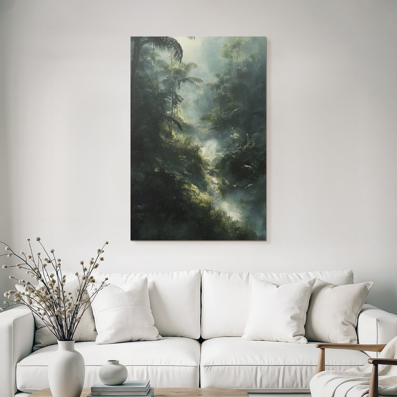 Tropics and Jungle Lush Misty Jungle Scene with Dense Foliage and Soft Light